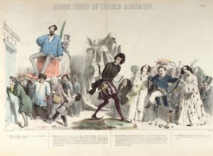 「Grande Course au Clocher Academique」、1839年のフランス研究所の風刺画（218694も参照）（カラー彫刻） 作： Grandville